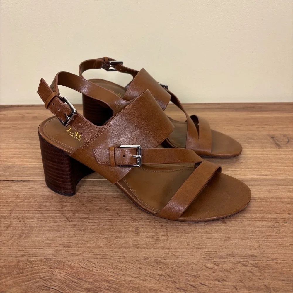 LAUREN RALPH LAUREN Florin Vachetta Leather‎ Sandal Deep Saddle Tan Women Size 8